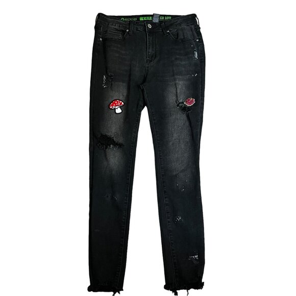 S.O.N.G. Eco Love Jeans Distressed Mushroom Patch Skinny Jeans Sz 13 Juniors Bla - Picture 2 of 12